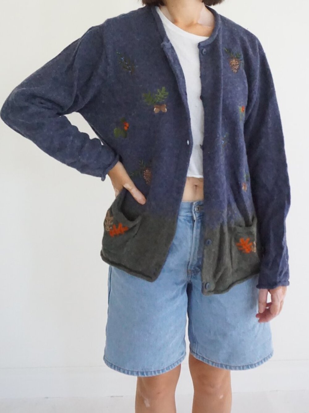 Croft & Barrow Blue Green Pinecone Acorn Holly Embroidery Christmas Cardigan XL